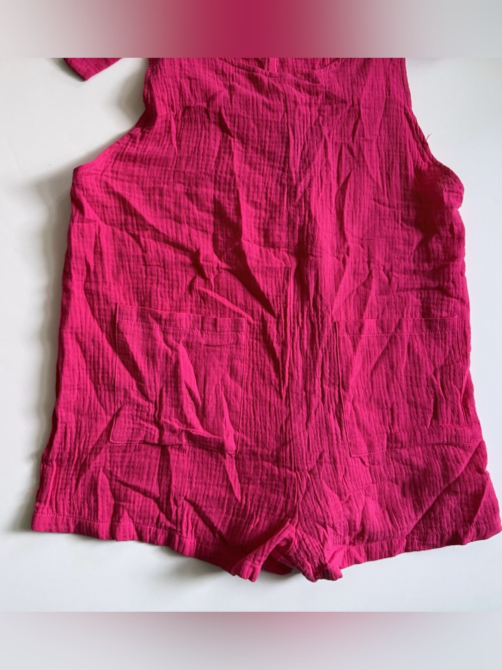3 for $20 Fuchsia Tie-Strap Romper with Front Pockets - Picture 6 of 11
